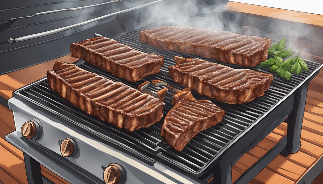 A grill with two sets of ribs side by side, one labeled "fresh" and the other "previously frozen," with smoke rising from the sizzling meat