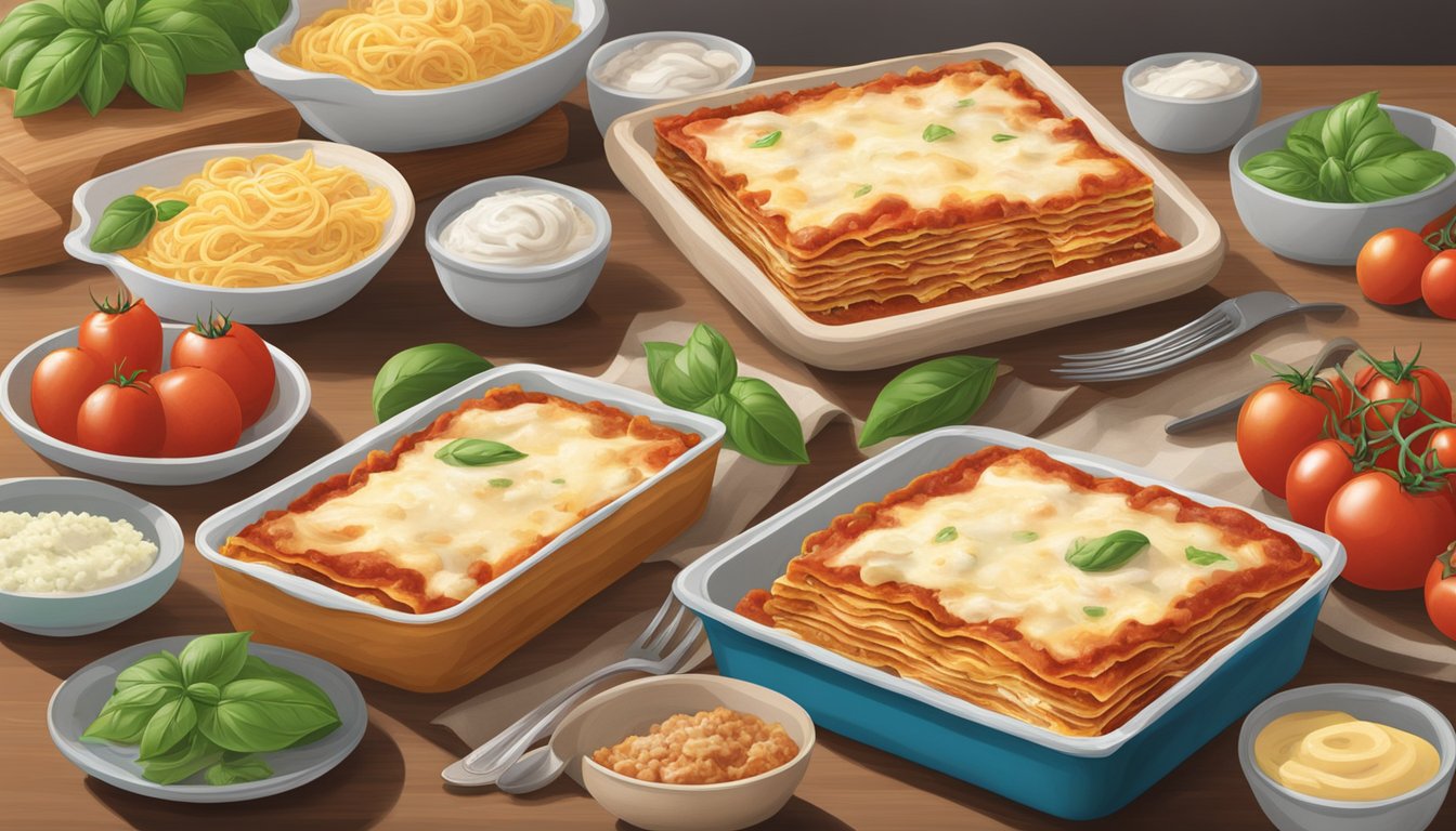 A table with Costco's fresh and frozen lasagna side by side, surrounded by ingredients like tomatoes, basil, and cheese