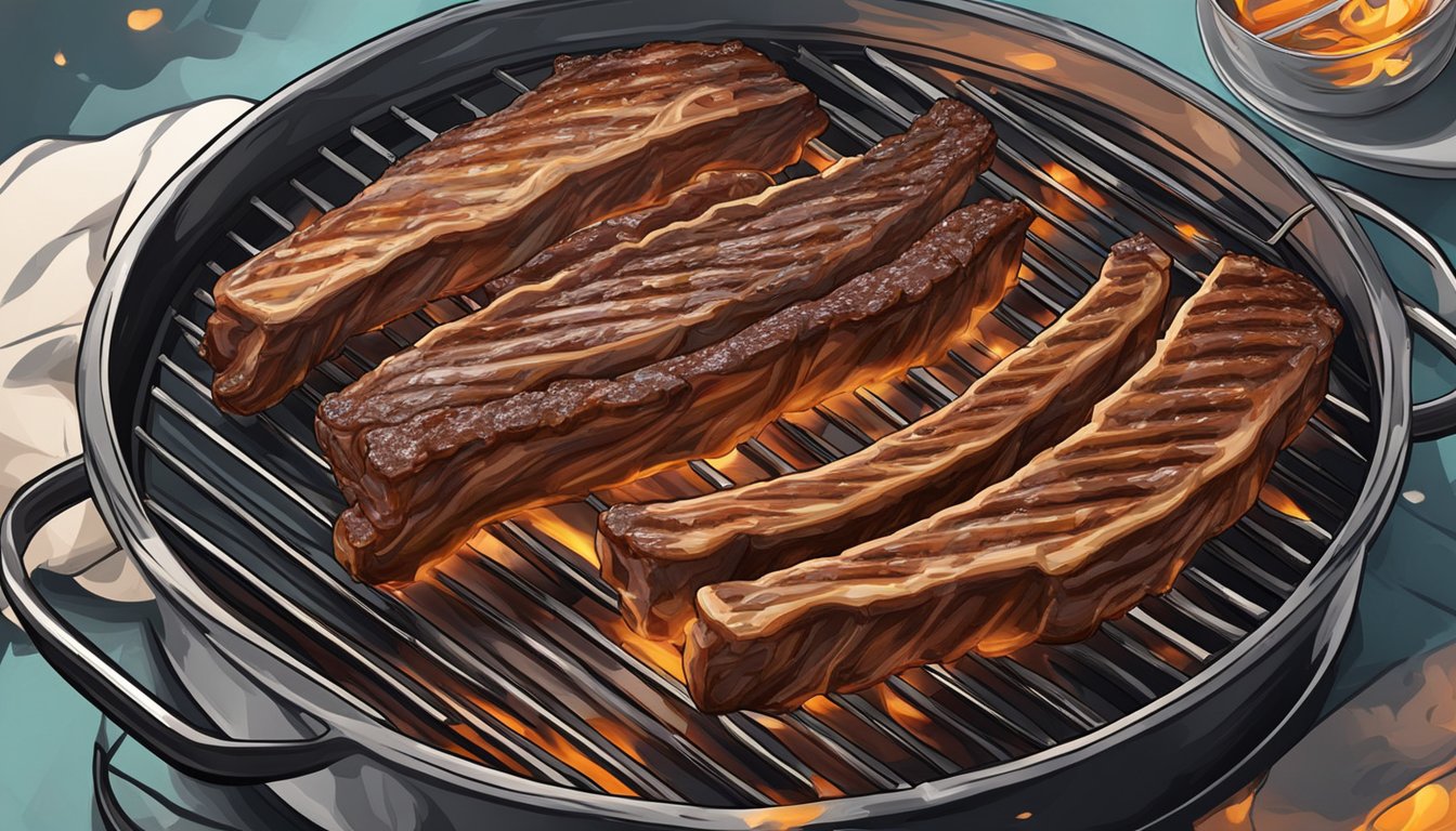 A grill with two racks of ribs, one fresh and one previously frozen, sizzling over the flames, emitting savory aromas