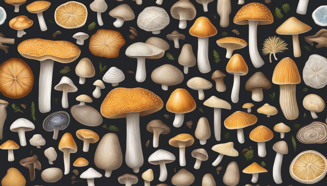 Fresh and frozen specialty mushrooms arranged on a wooden cutting board, showcasing their unique shapes, colors, and textures