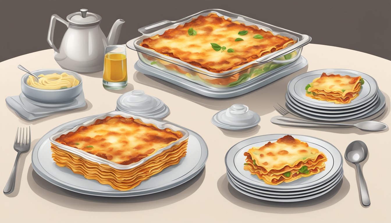 A table set with two steaming trays of lasagna, surrounded by empty plates and utensils. A price tag and taste rating displayed prominently