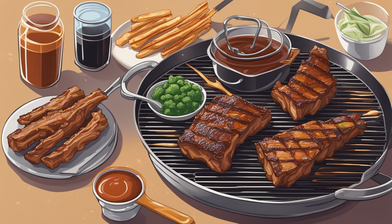 A sizzling grill with two racks of ribs, one fresh and one previously frozen, being basted with BBQ sauce. Juices sizzle and steam as they caramelize on the hot grill