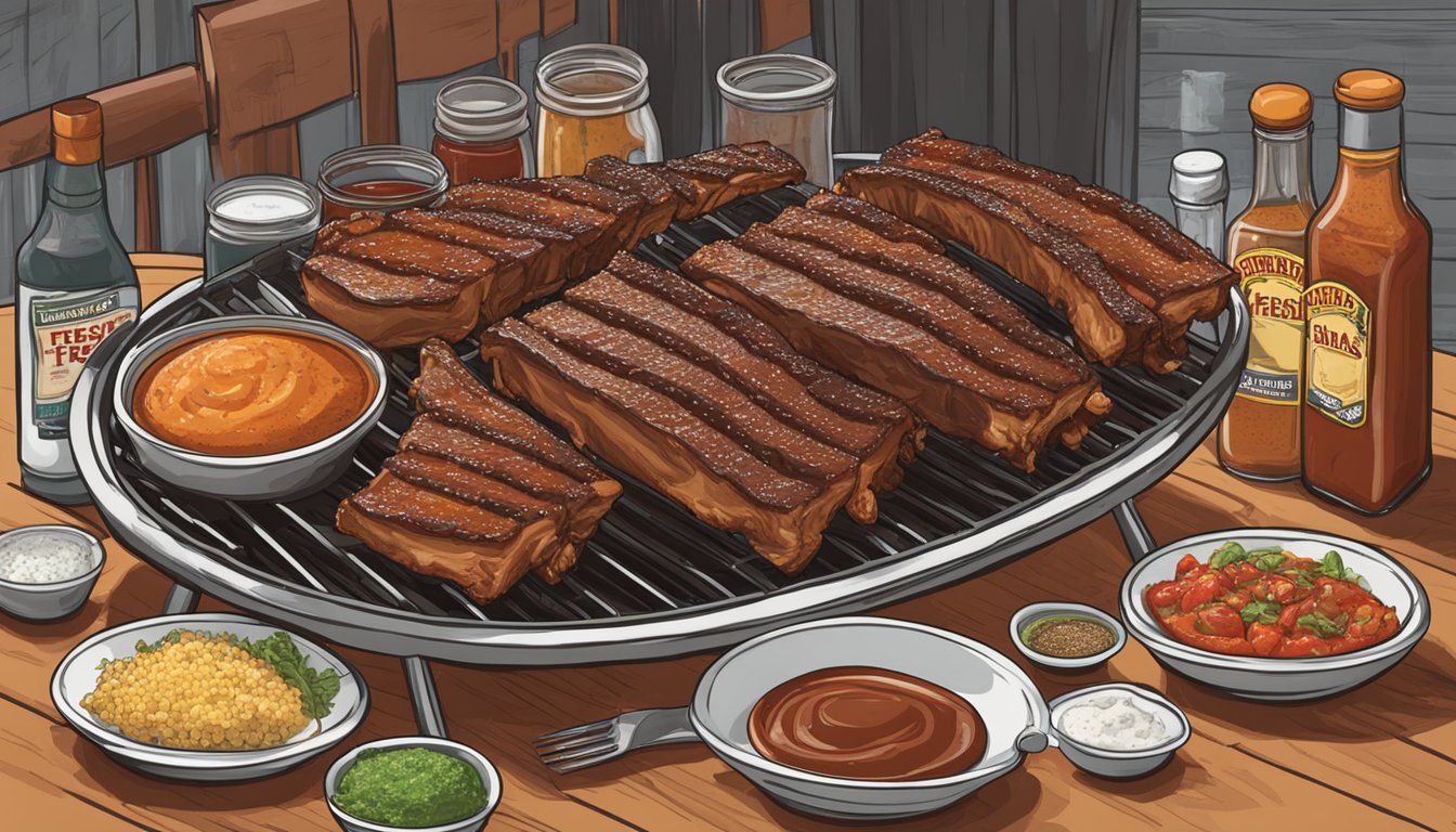 A sizzling grill with two racks of ribs, one labeled "fresh" and the other "previously frozen," surrounded by various bottles of barbecue sauce and seasoning