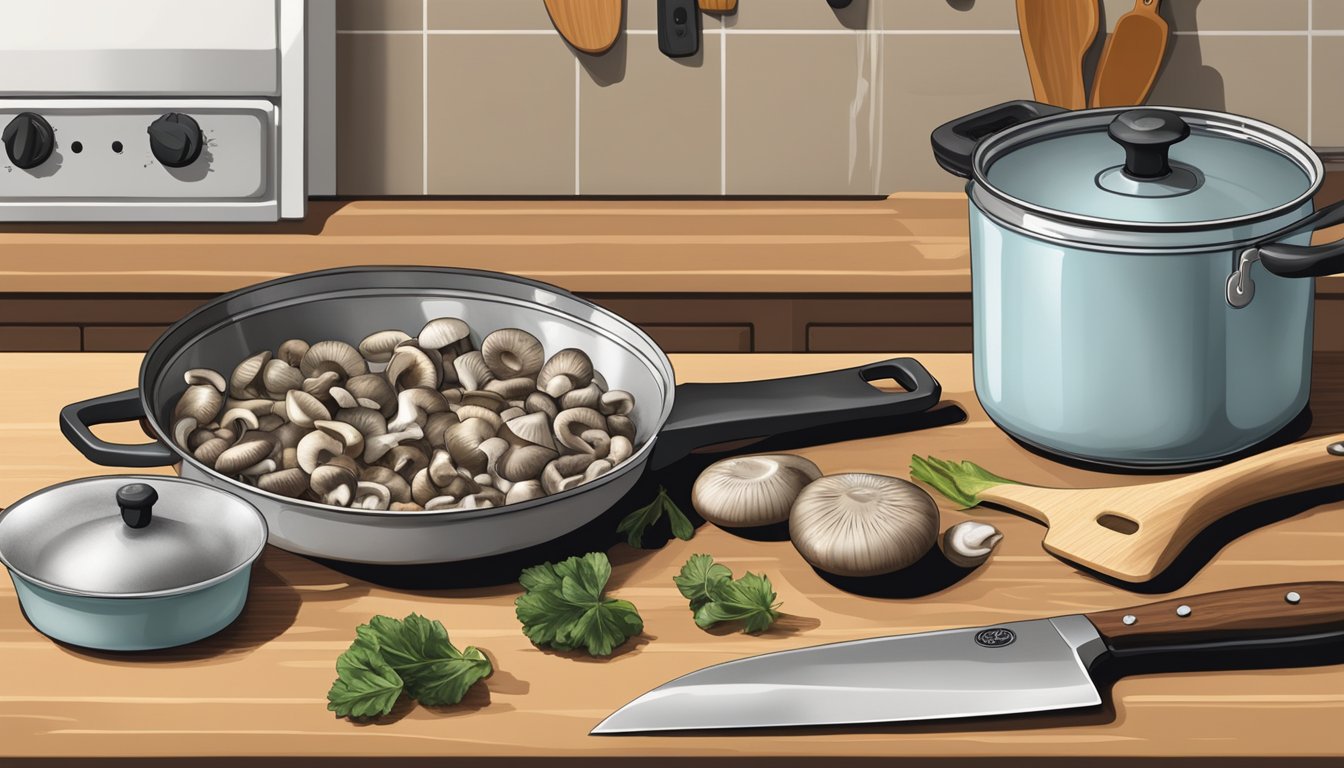 Fresh and frozen mushrooms arranged on a cutting board, with a chef's knife and various cooking utensils nearby. A pot and skillet sit on a stovetop in the background