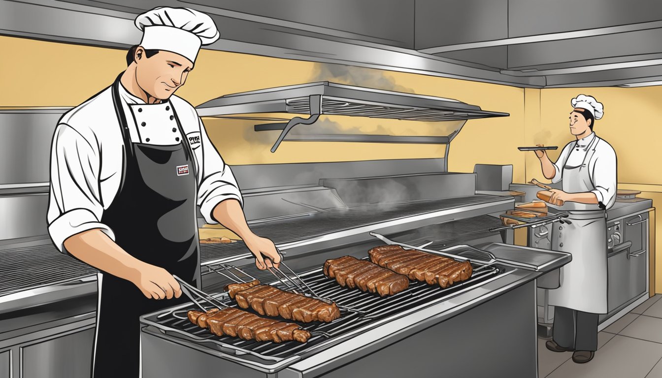 A chef grilling ribs on a barbecue, with one rack labeled "fresh" and the other "previously frozen." The sizzling ribs emit a mouthwatering aroma