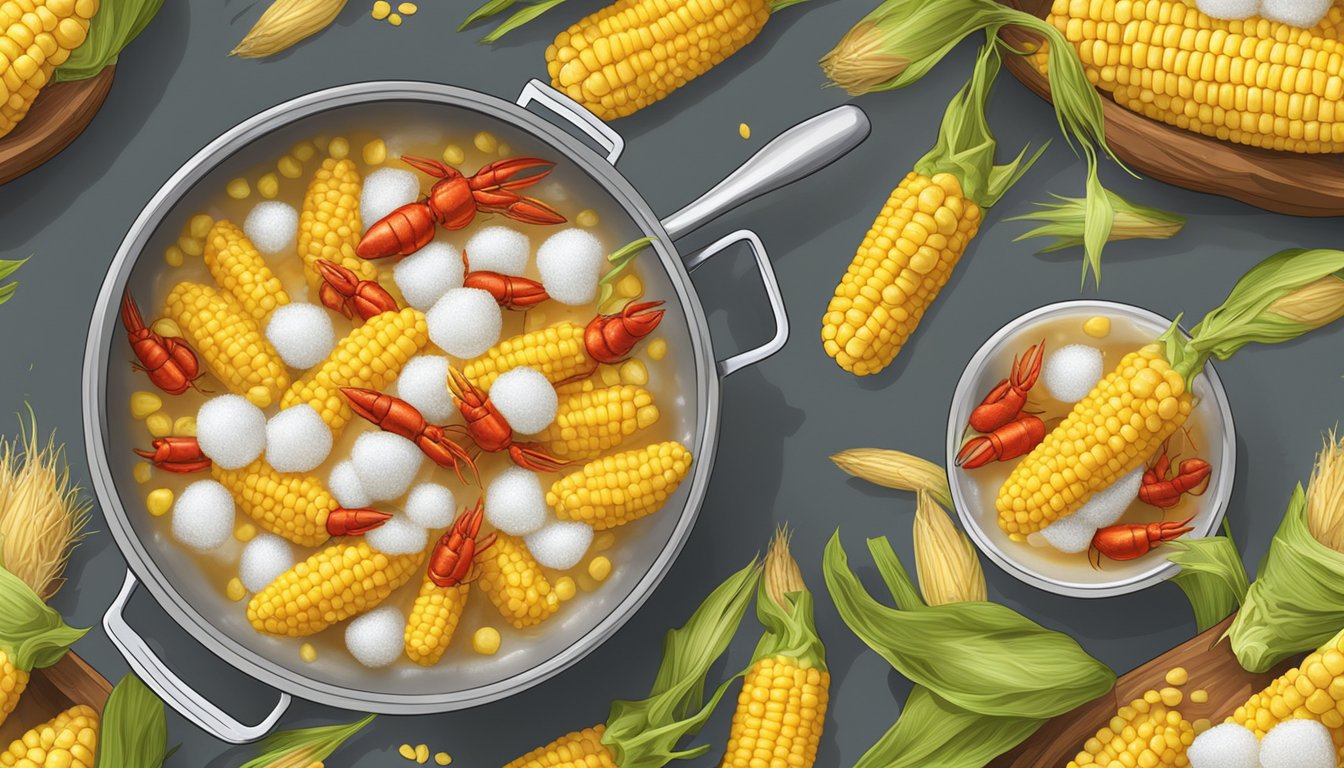 A pot of boiling water with fresh corn and frozen corn being added, enhancing the flavors of a crawfish boil