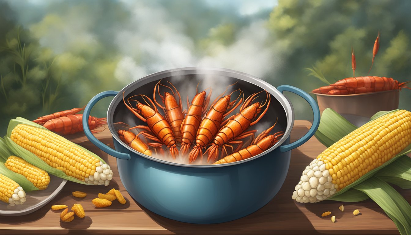 A large pot filled with boiling water, crawfish, and fresh corn on the cob, with steam rising and the aroma of spices filling the air