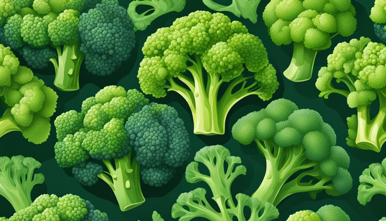 A side-by-side comparison of a vibrant bunch of fresh broccoli and a bag of frozen broccoli, with visible differences in texture and color