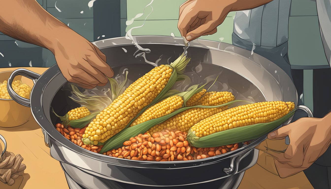 Fresh corn on the cob being shucked and added to a steaming pot of crawfish, infusing the air with a sweet, earthy aroma