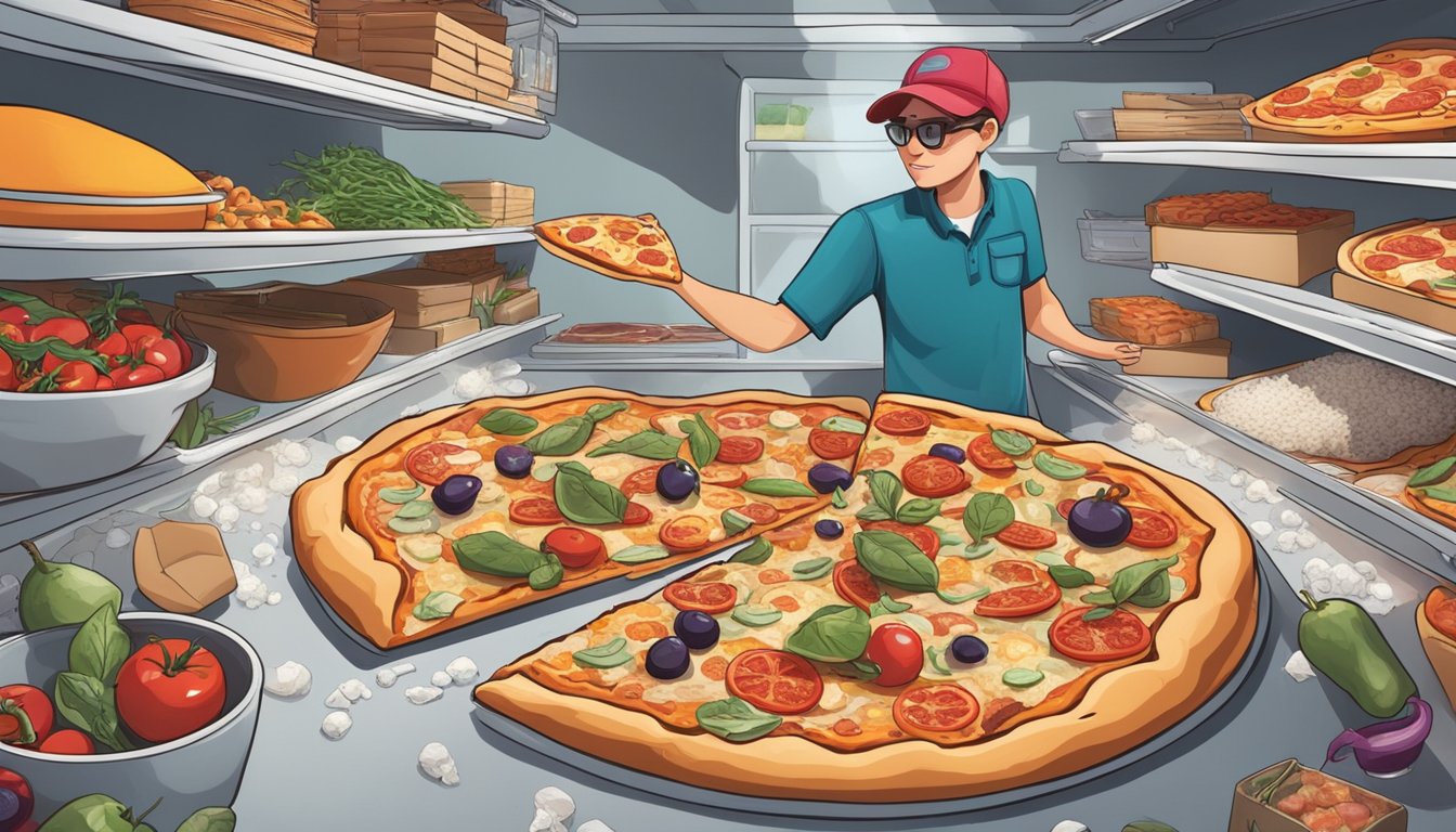 A busy person reaching for a frozen pizza in a cluttered freezer next to a vibrant display of fresh pizza ingredients