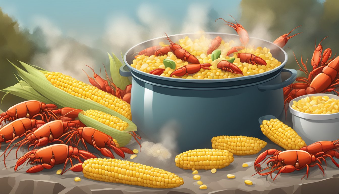 A steaming pot of crawfish boil surrounded by piles of fresh and frozen corn, highlighting the choice between health and convenience