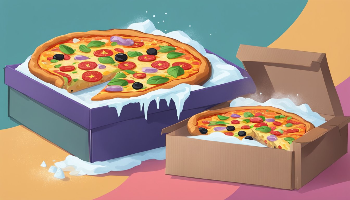 A steaming hot fresh pizza sits next to a frozen pizza in its box. The fresh pizza is topped with vibrant, colorful ingredients, while the frozen pizza looks dull and unappealing in comparison