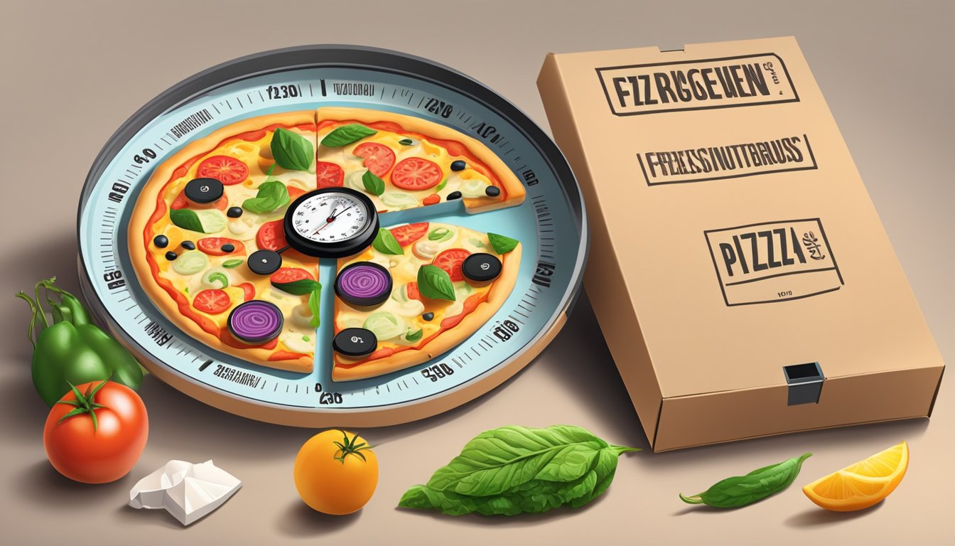 A frozen pizza box next to a pile of fresh ingredients. A stopwatch and price tags on each. Quality and nutritional labels visible