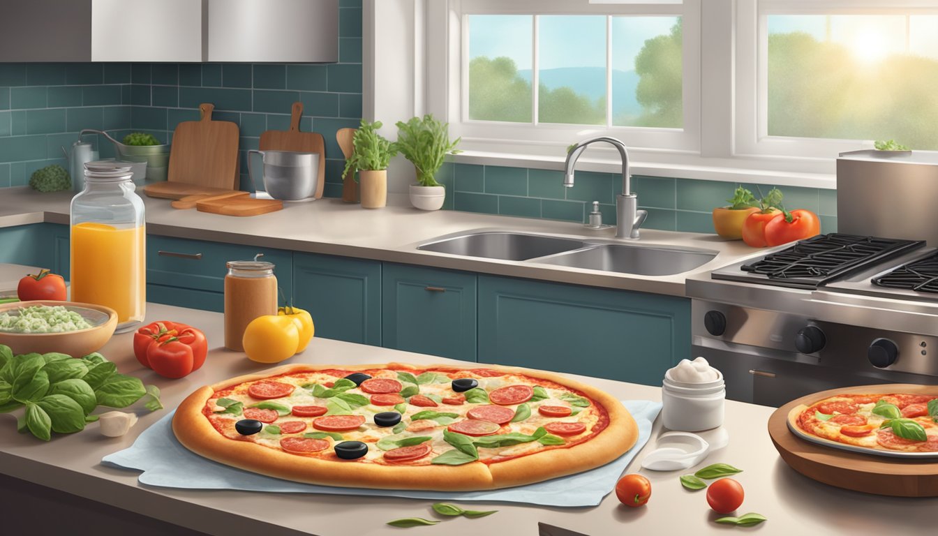 A frozen pizza and a fresh pizza sit side by side on a kitchen counter, surrounded by various ingredients and cooking utensils