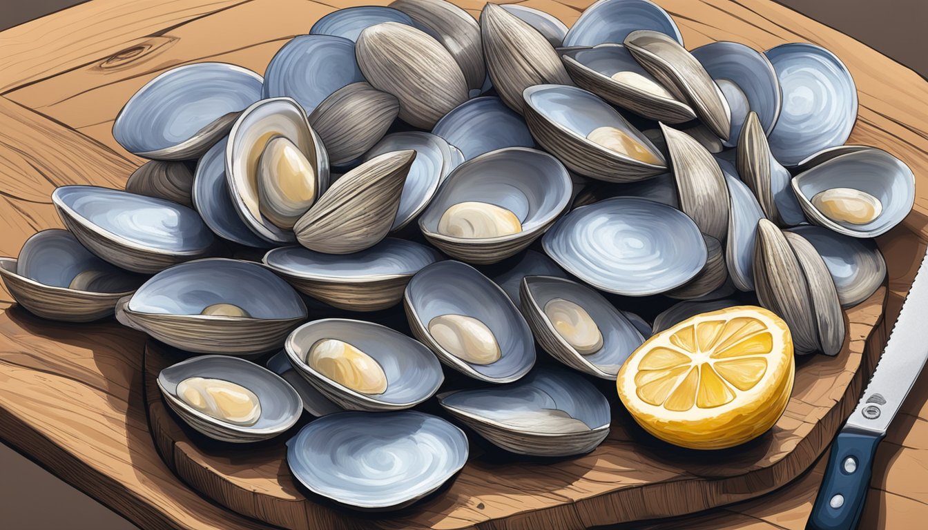 A pile of fresh clams sits next to a stack of frozen clams, surrounded by ice. A chef's knife and cutting board are nearby