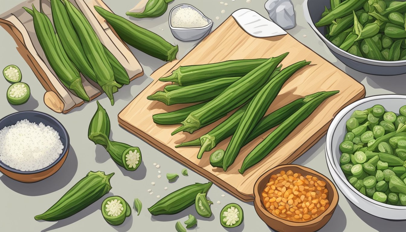 A colorful kitchen counter with fresh okra on one side and a bag of frozen okra on the other, surrounded by various ingredients for making gumbo