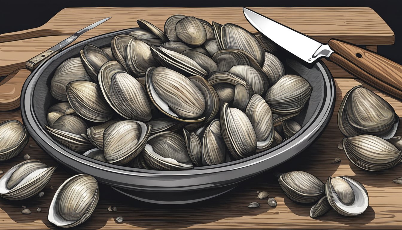 A pile of fresh clams sits next to a pile of frozen clams, with a chef's knife and cutting board in the background