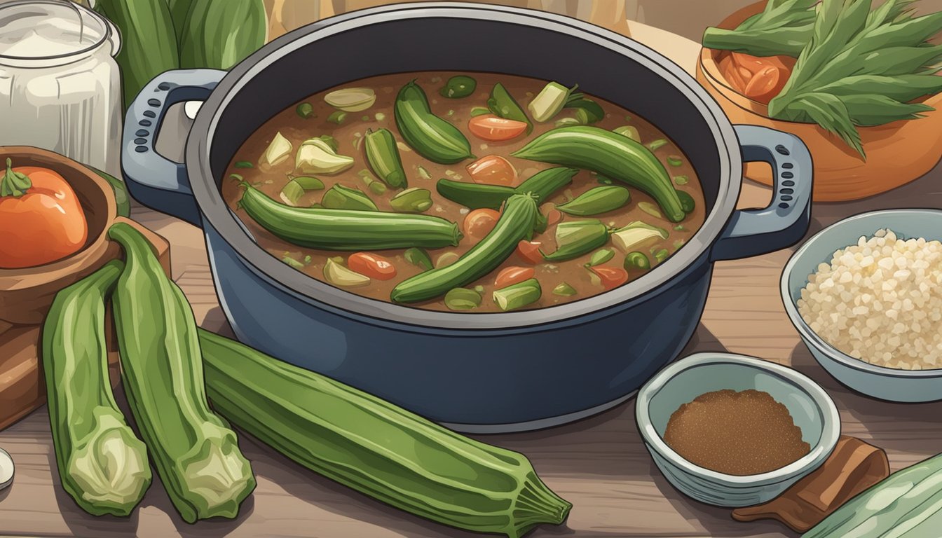 A pot of simmering gumbo with fresh okra and frozen okra on a kitchen counter. Ingredients and spices scattered around