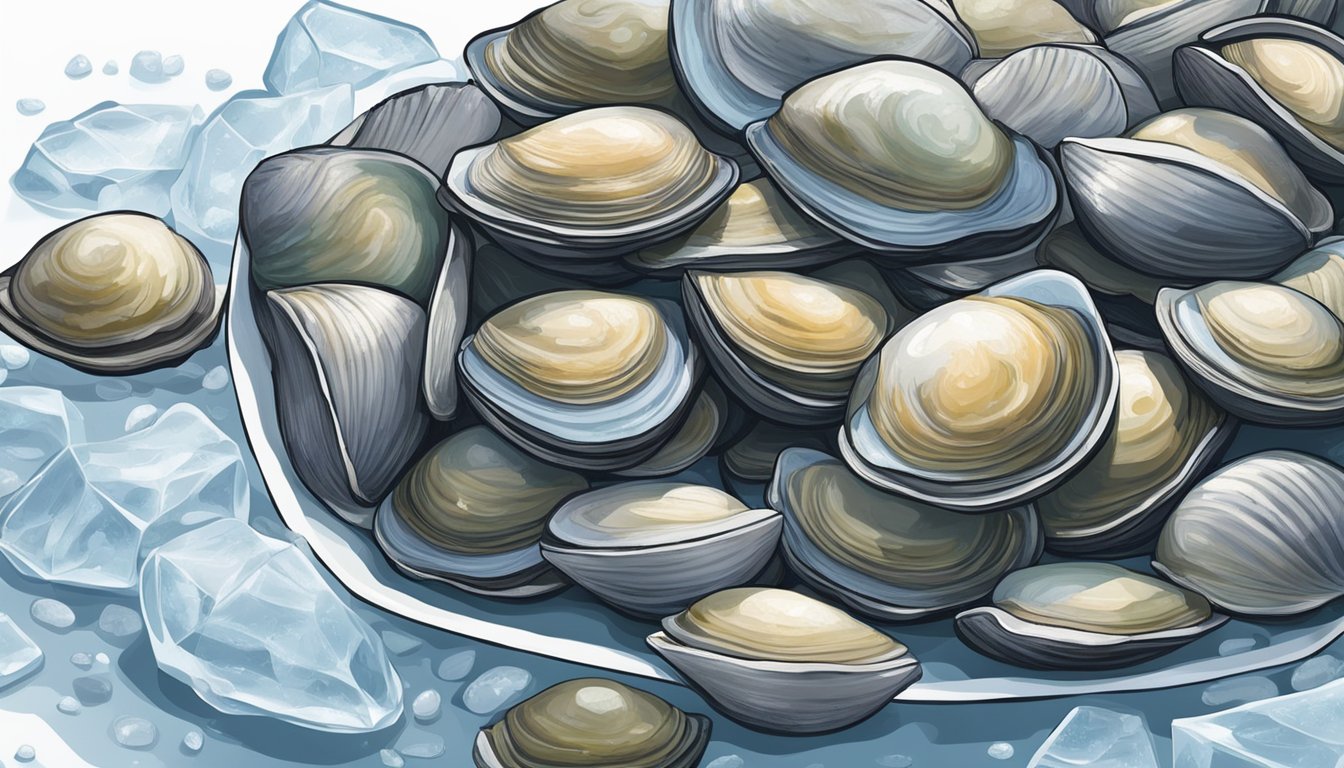 A pile of fresh clams lies on a bed of ice, while a separate pile of frozen clams sits next to it. The contrast between the two options is clear, with the fresh clams appearing plump and vibrant, and the frozen clams looking slightly shriveled and less appetizing