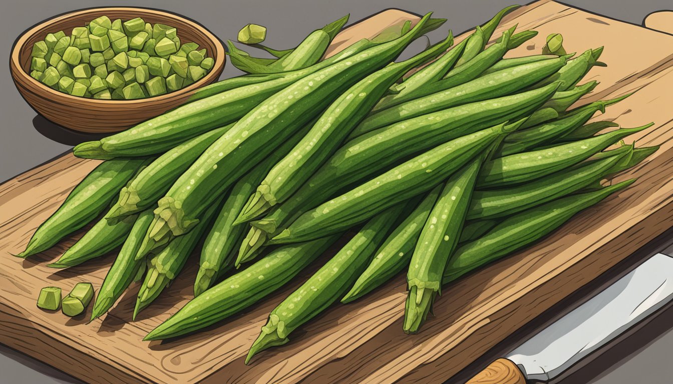 A pile of frozen okra sits next to a pile of fresh okra on a wooden cutting board, ready to be used in a gumbo recipe