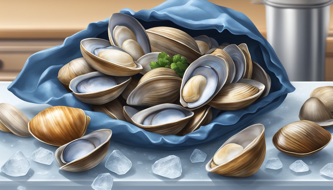 A pile of fresh clams on a bed of ice next to a bag of frozen clams on a countertop