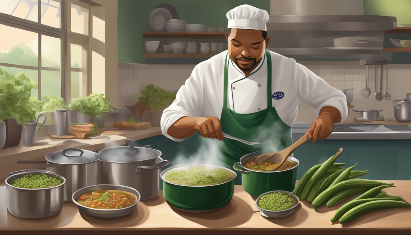 A chef stirring a steaming pot of gumbo, with fresh and frozen okra on the counter