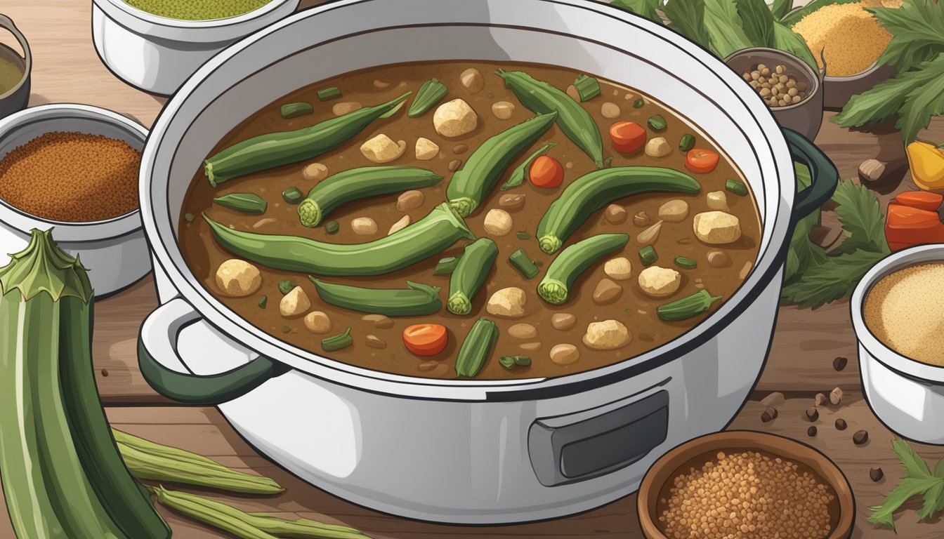 A pot of simmering gumbo with fresh okra on one side and frozen okra on the other, surrounded by various spices and ingredients