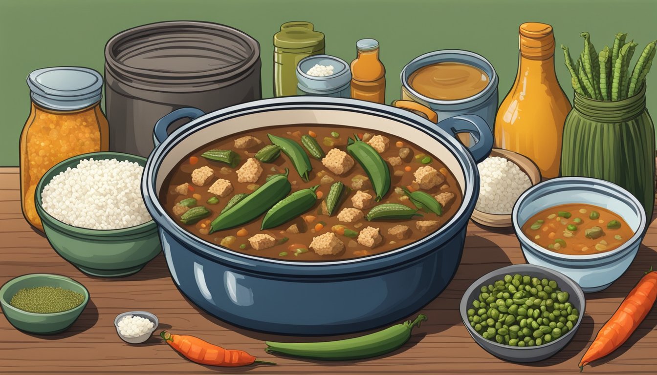 A pot of gumbo with fresh and frozen okra side by side, surrounded by various ingredients and spices