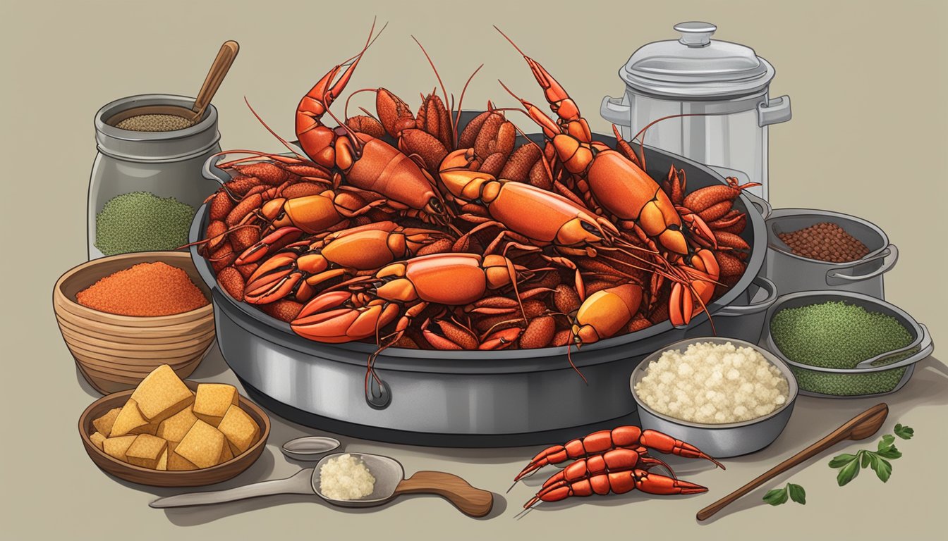 A table with a steaming pot of fresh crawfish on one side and a bag of frozen crawfish on the other, surrounded by various cooking utensils and seasonings