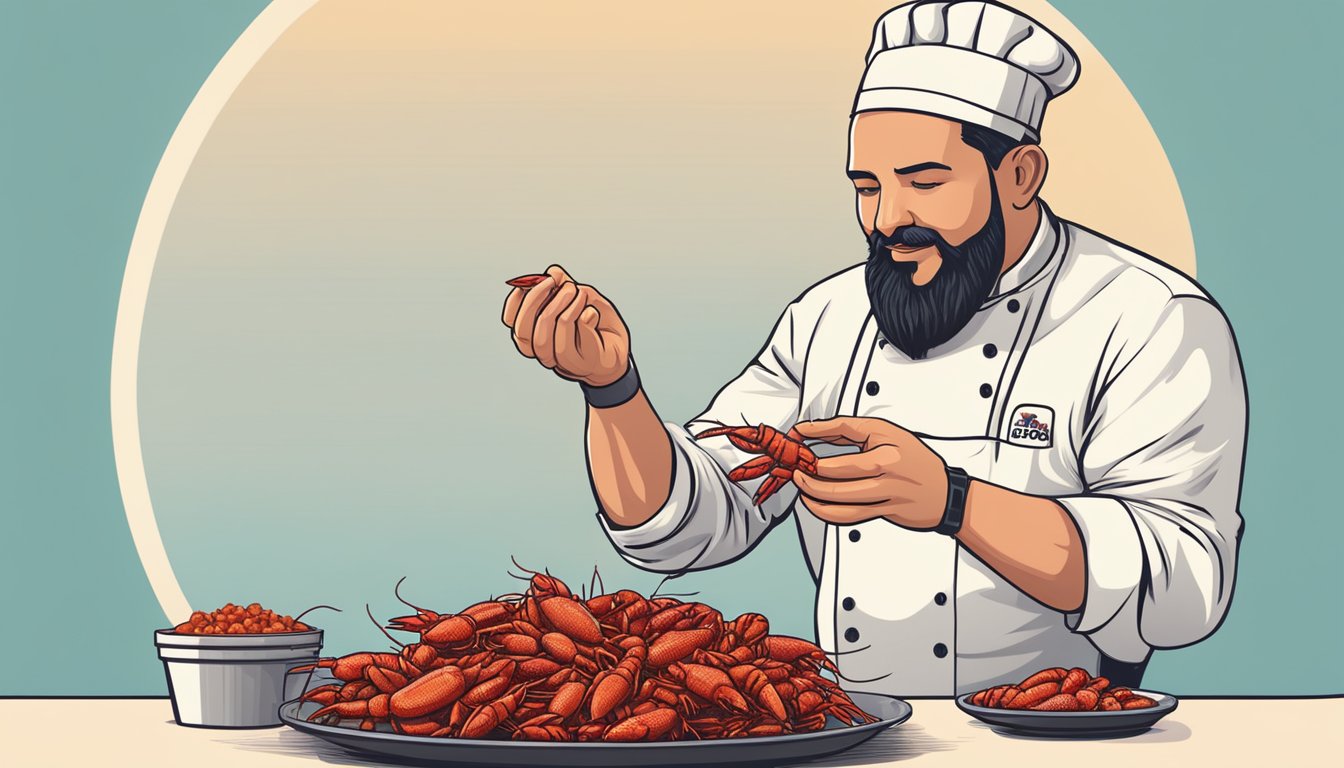 A chef tasting a freshly cooked crawfish next to a pile of frozen crawfish, comparing the taste and quality