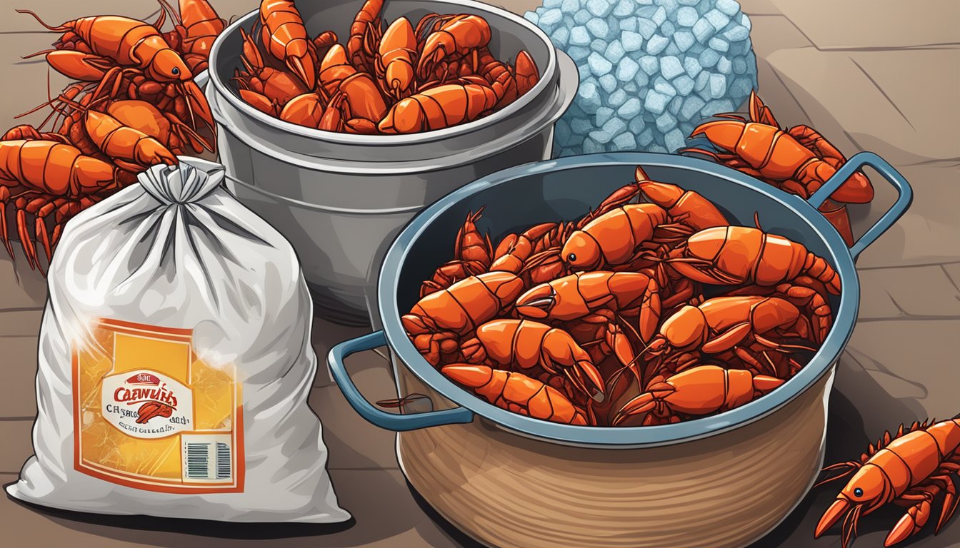 A steaming pot of fresh crawfish sits next to a bag of frozen crawfish. The fresh crawfish are vibrant in color and emit a savory aroma, while the frozen crawfish are neatly packaged and labeled