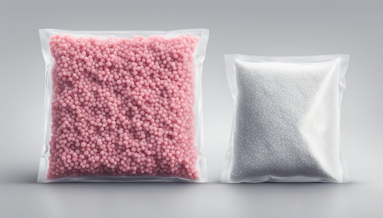 A side-by-side comparison of a frozen package of mince and a pile of fresh, raw mince on a clean, white surface