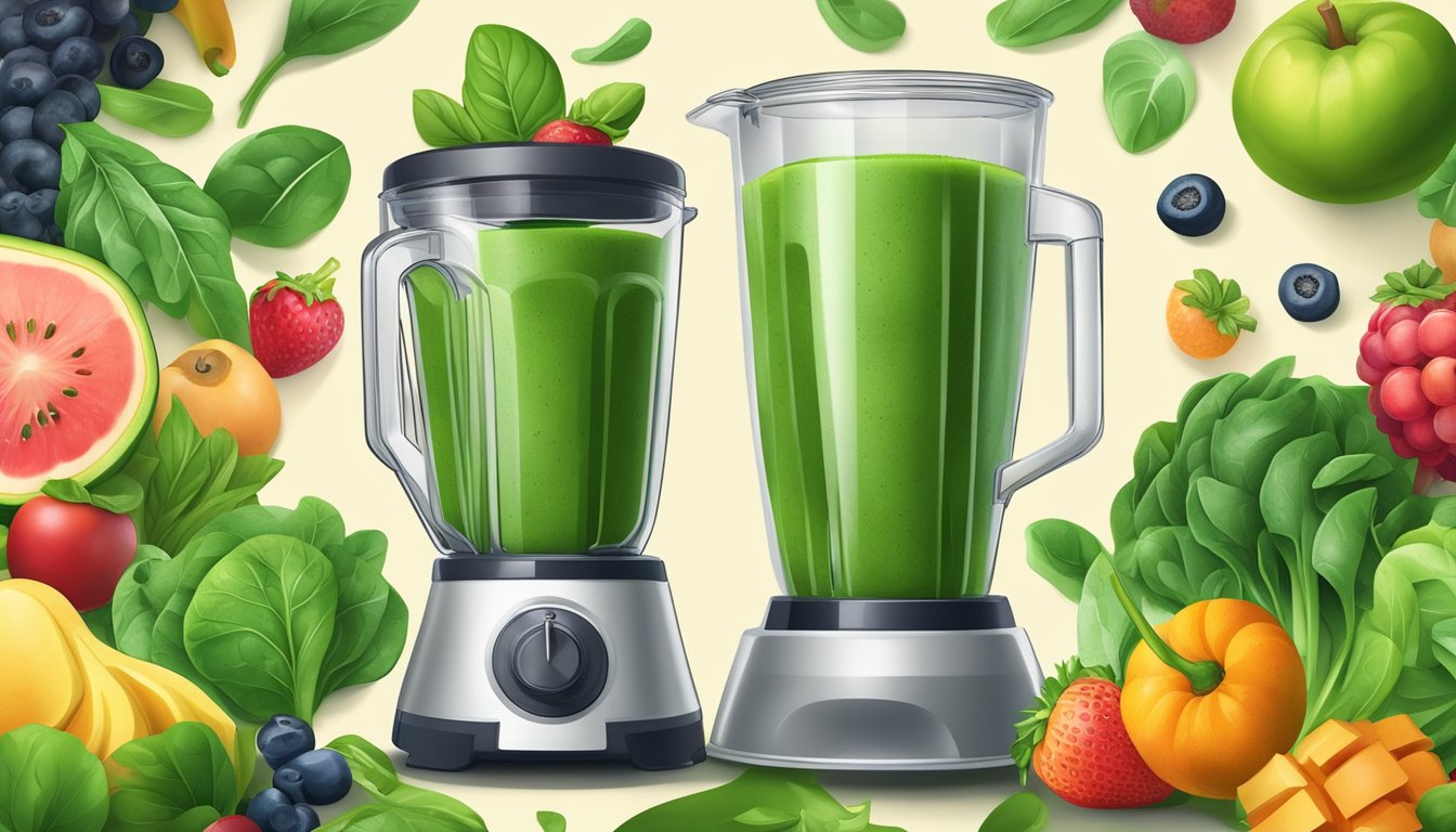 A blender whirring with fresh and frozen spinach, surrounded by assorted fruits and vegetables, creating a vibrant green smoothie