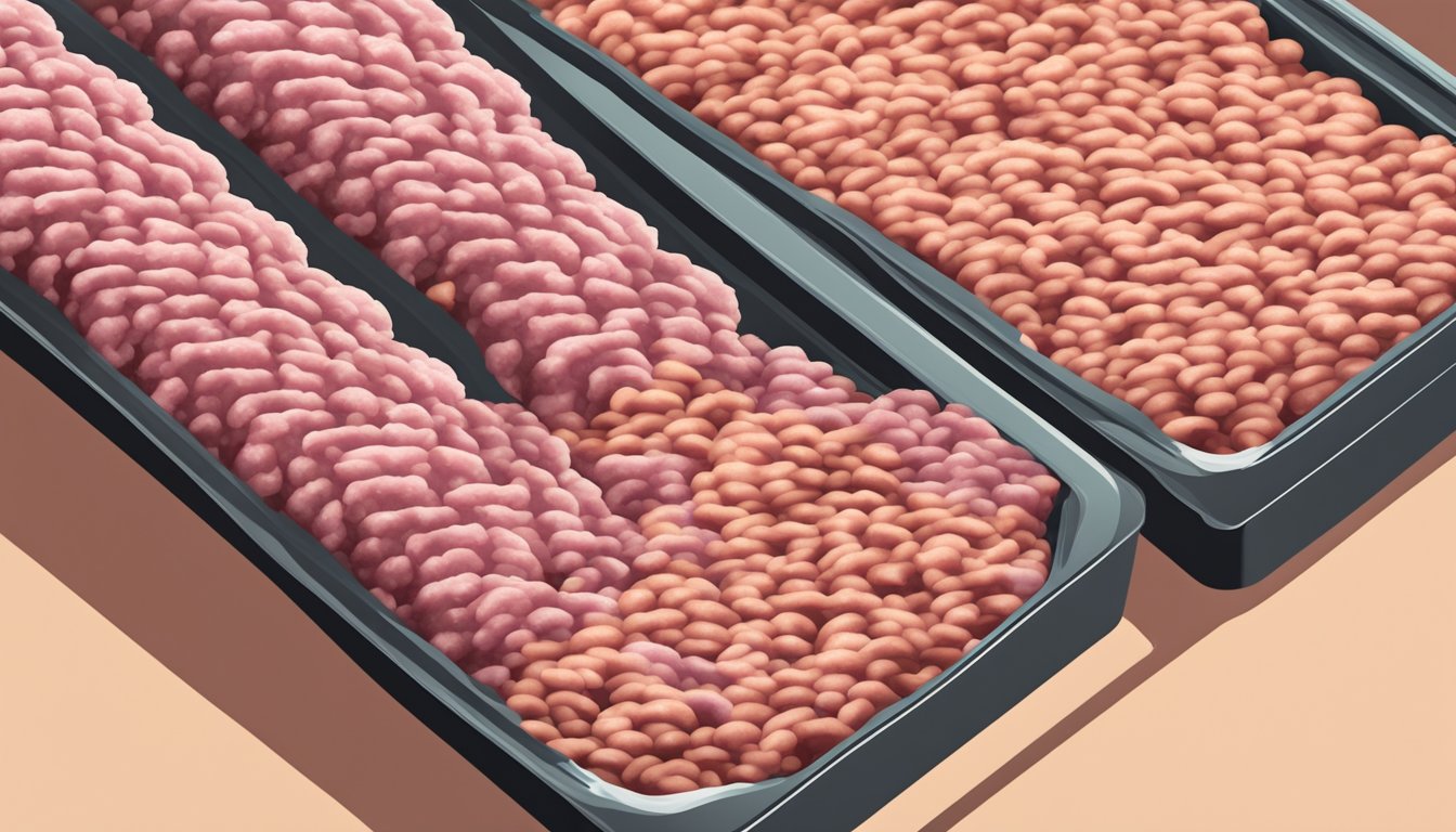 A split screen showing a package of frozen ground meat on one side and a pile of fresh mince on the other