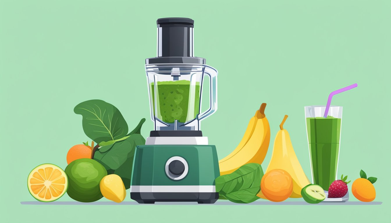 A blender filled with fresh and frozen spinach, surrounded by assorted fruits and a bottle of liquid, ready to be blended into a vibrant green smoothie