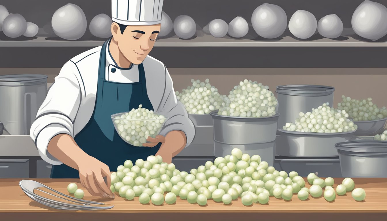 A chef effortlessly chops fresh pearl onions while a separate hand reaches for a bag of frozen pearl onions from the freezer