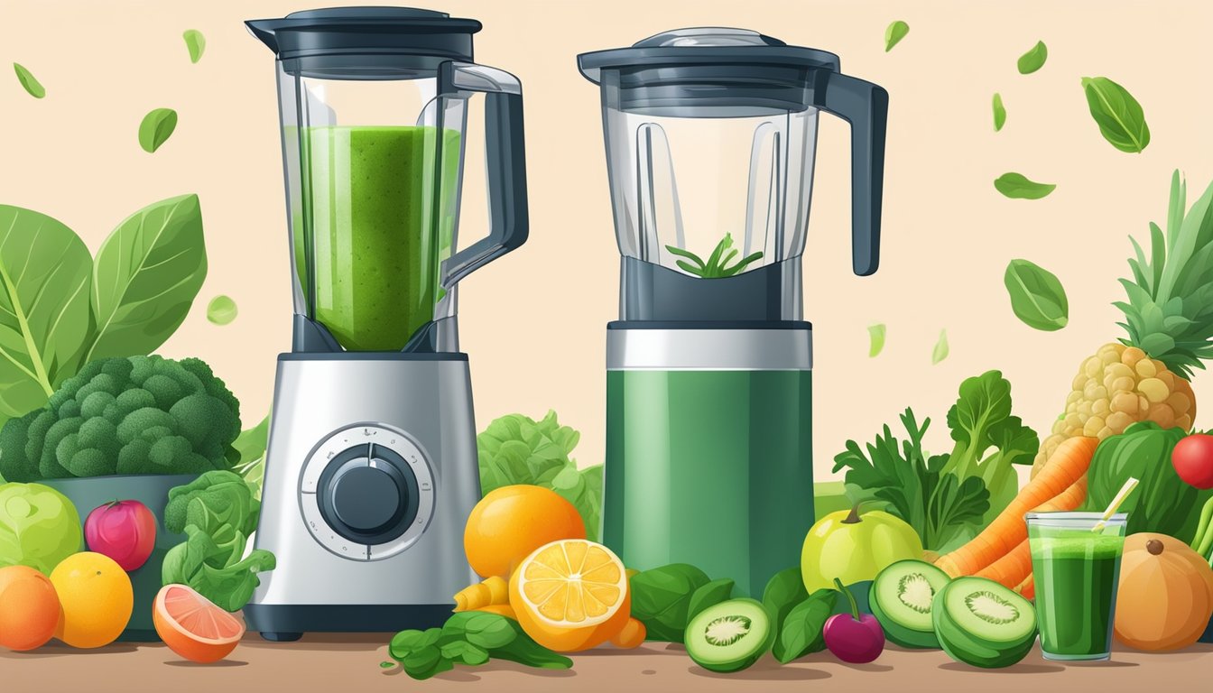 A blender filled with fresh and frozen spinach, surrounded by various fruits and vegetables, with a stream of green smoothie pouring into a glass