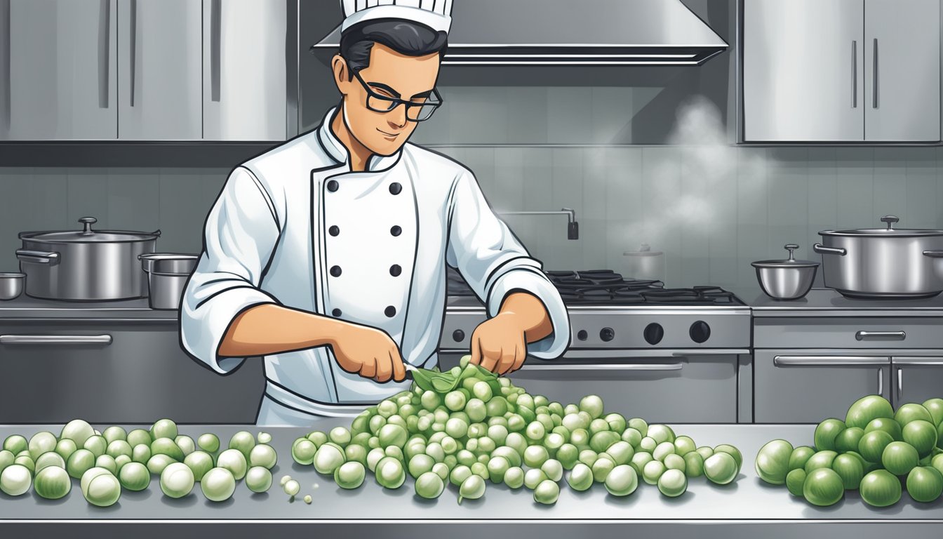 A chef effortlessly peels fresh pearl onions while struggling to separate frozen ones, showcasing the convenience of fresh over frozen for culinary applications