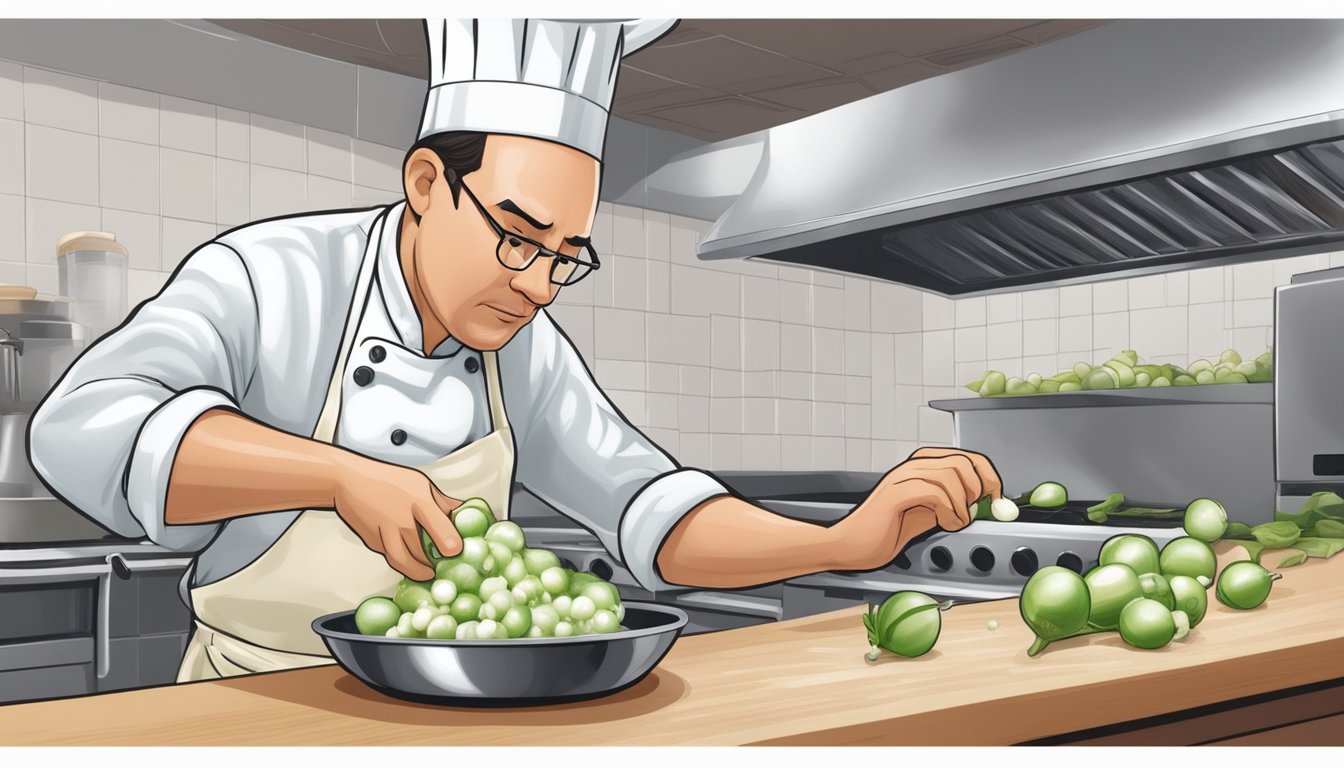 A chef effortlessly peels fresh pearl onions while struggling with a bag of frozen ones, showcasing the convenience and flavor difference in culinary applications