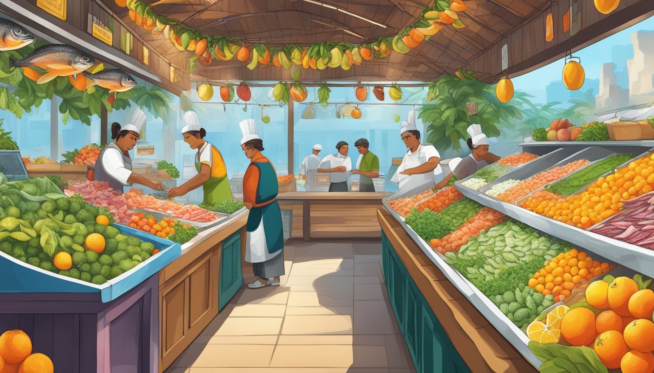 A vibrant market stall displays an array of fresh and frozen fish, surrounded by colorful citrus fruits and aromatic herbs. The scene is bustling with chefs debating the best choice for crafting the perfect ceviche