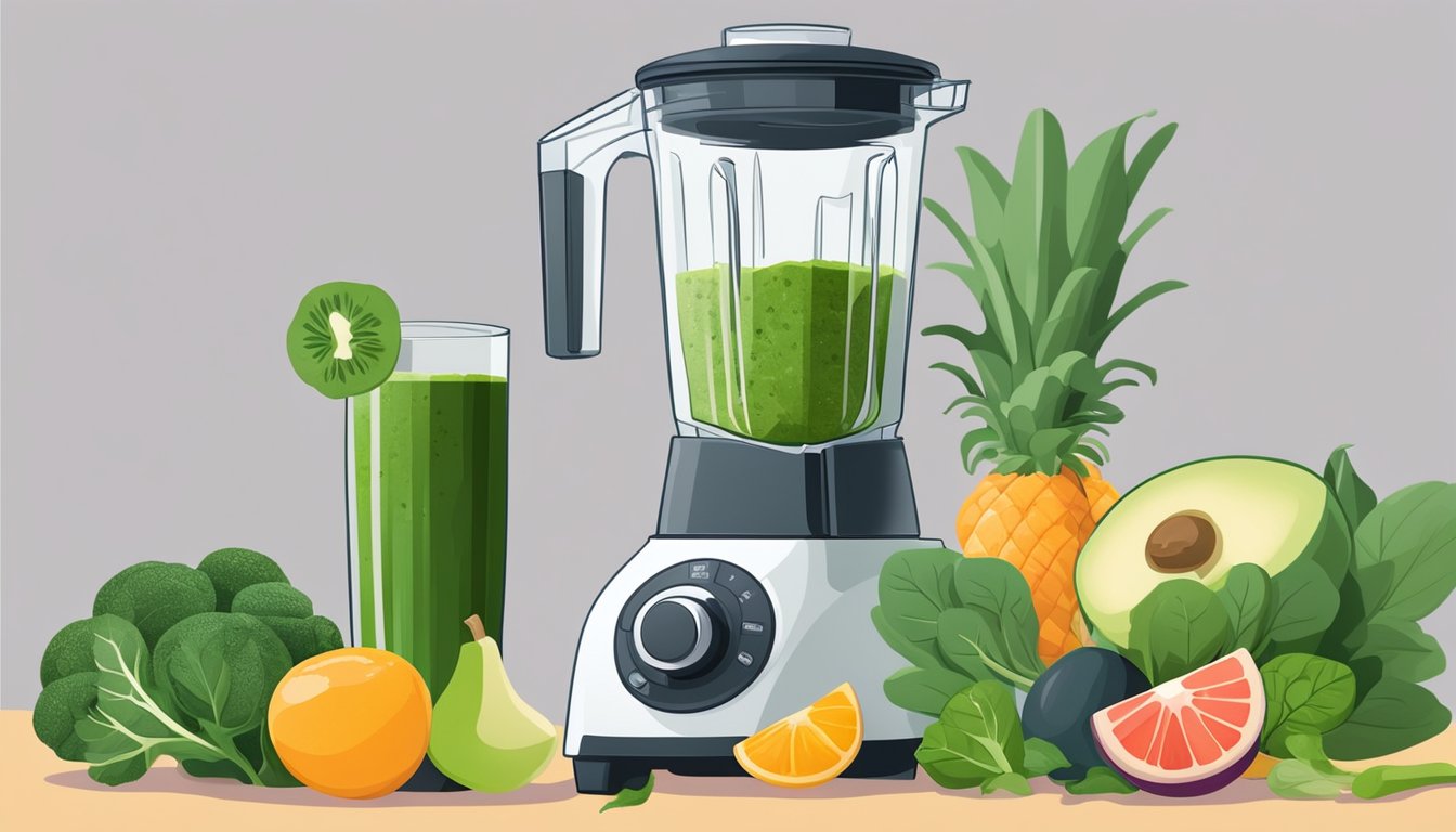 A blender filled with fresh and frozen spinach, surrounded by various fruits and vegetables, ready to be blended into the perfect green smoothie