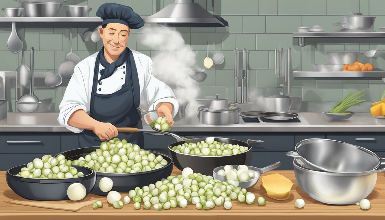 A chef effortlessly peels fresh pearl onions while a pile of frozen ones sits nearby. A pot of boiling water and a skillet with sizzling butter hint at the culinary applications