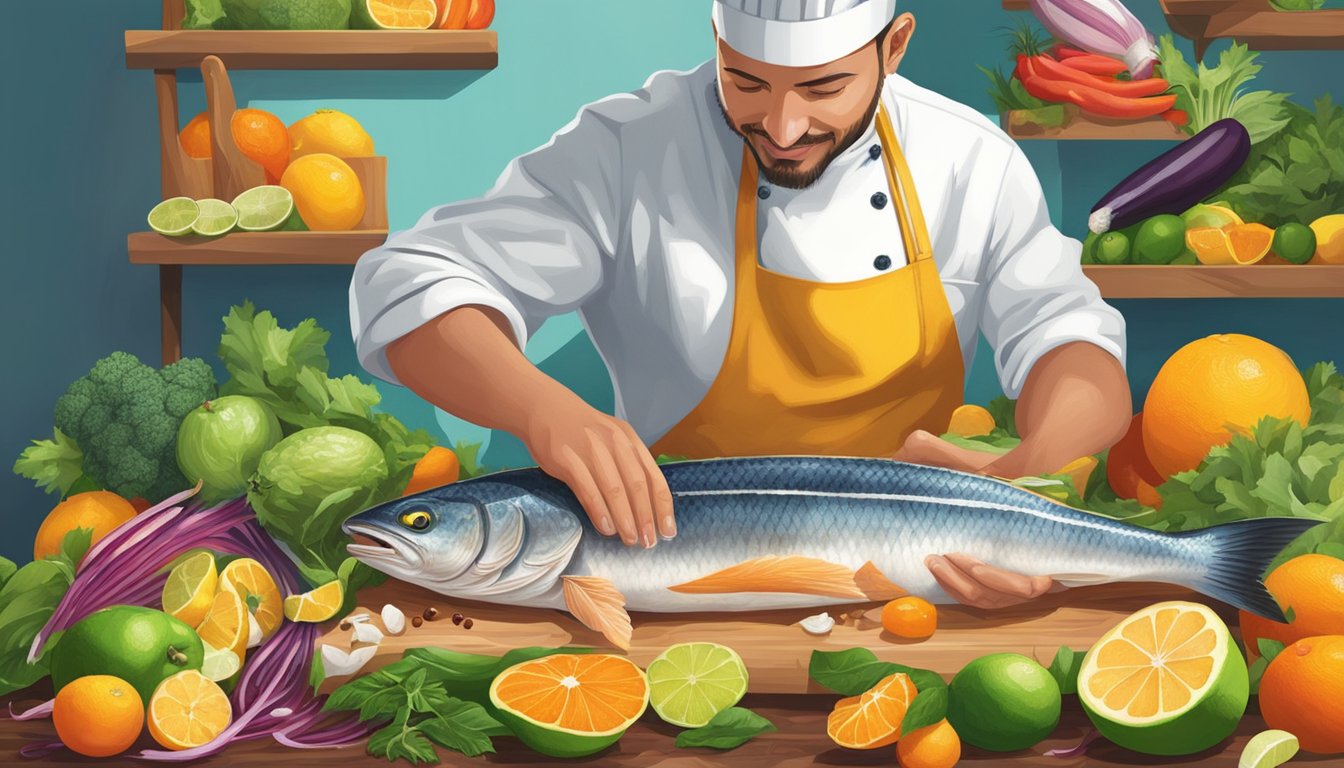 A chef slicing fresh fish for ceviche, surrounded by vibrant citrus fruits and colorful vegetables