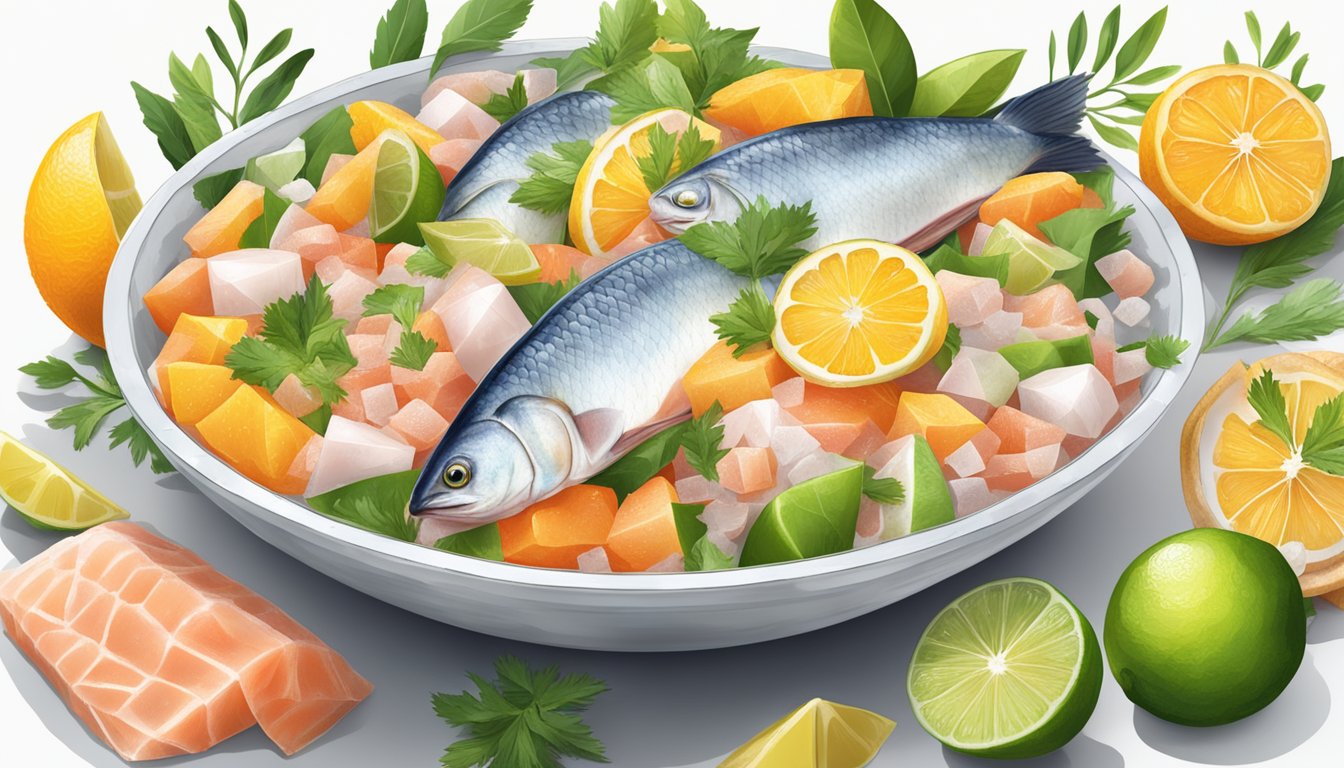 A bowl of ceviche ingredients: fresh fish, citrus fruits, and seasonings, with a pile of frozen fish in the background