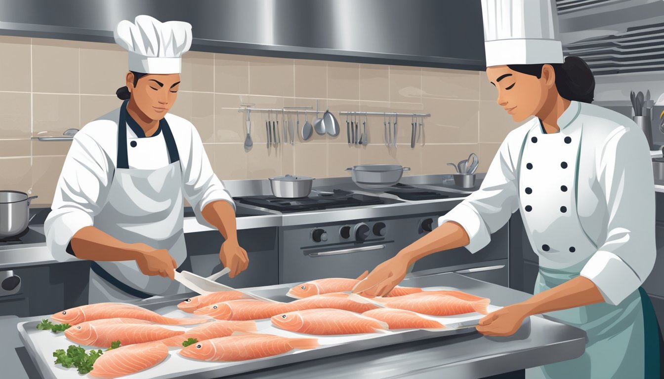 A chef carefully slices fresh fish for ceviche, while another prepares frozen fish for the same dish. Both work in a clean, organized kitchen, following food safety guidelines