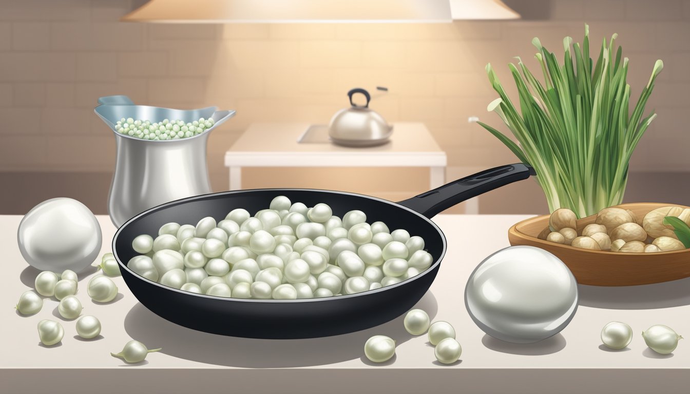 A chef effortlessly sautés fresh pearl onions in a sizzling pan, while a pile of frozen pearl onions sits in a bag nearby