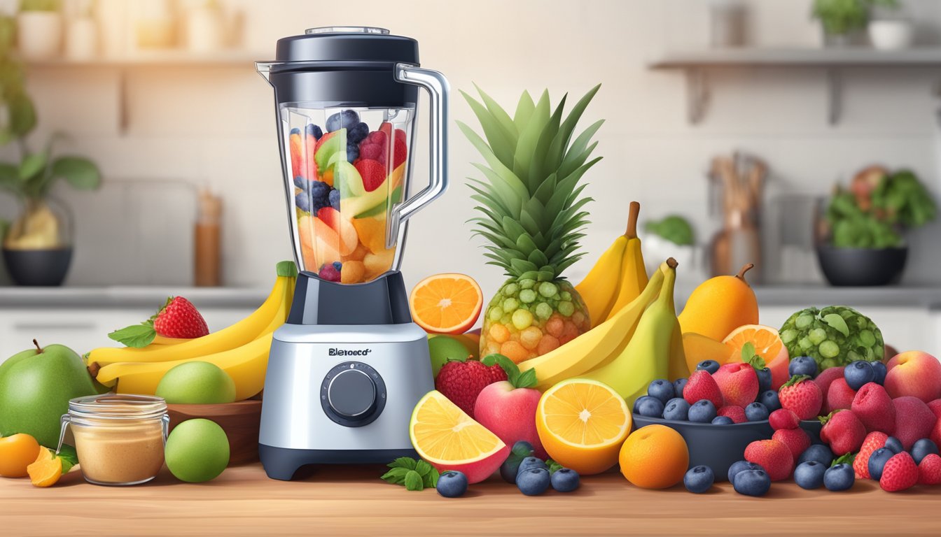 A blender filled with fresh and frozen fruits, surrounded by vibrant ingredients and a variety of textures, ready to be blended into the perfect smoothie