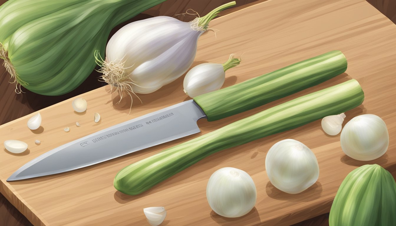 A side-by-side comparison of fresh and frozen pearl onions, showcasing their size, color, and texture. A chef's knife and cutting board are nearby, hinting at culinary uses