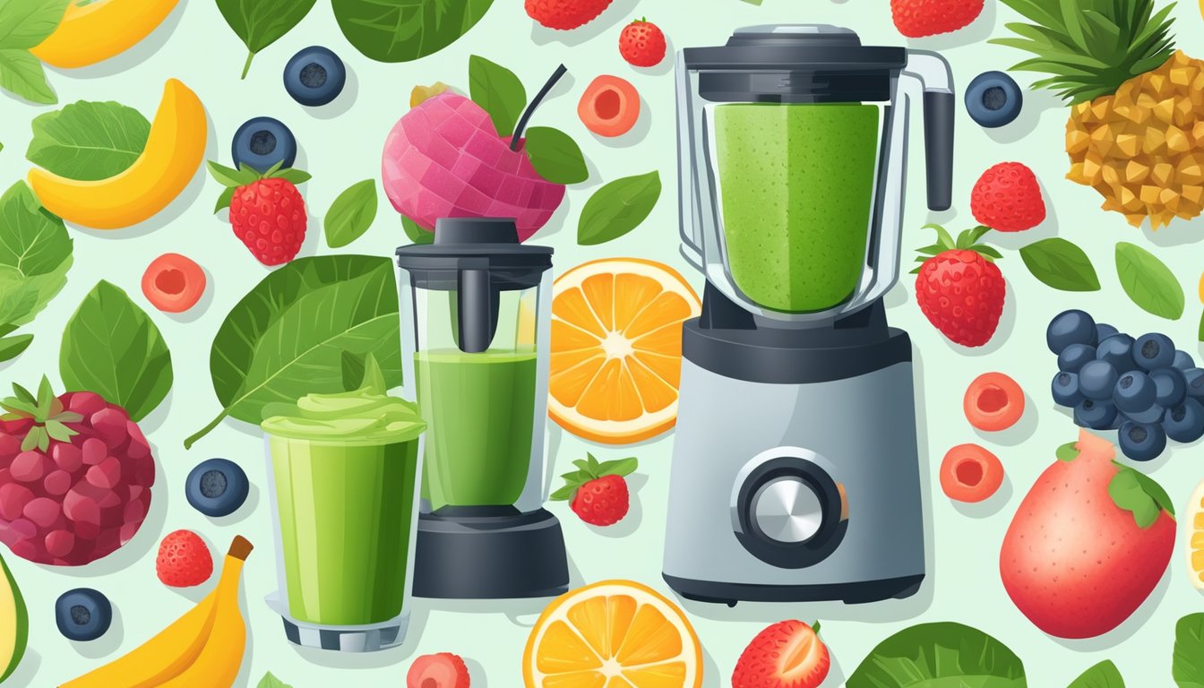 Fresh and frozen fruit arranged neatly next to a blender, surrounded by vibrant green leaves and a variety of colorful smoothie ingredients