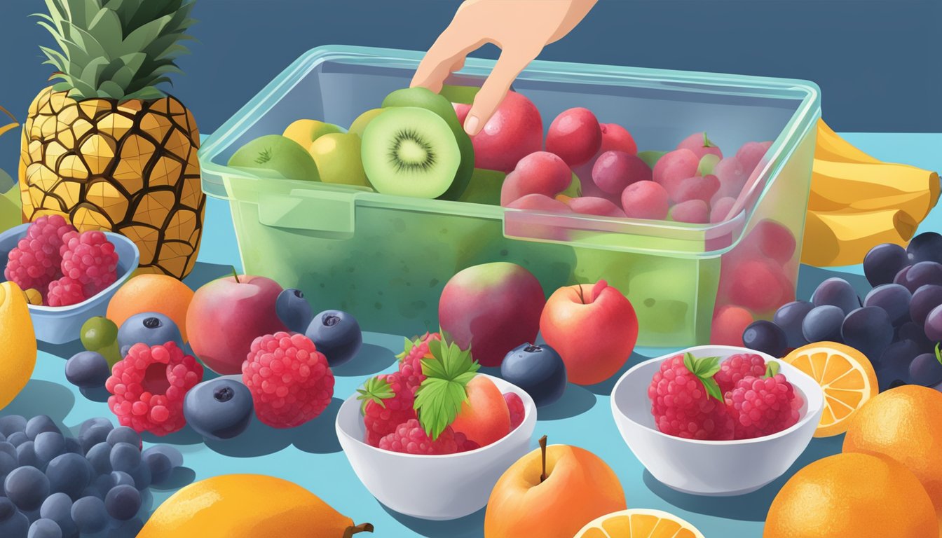 A hand reaching for a bag of frozen fruit next to a pile of fresh fruit, with a blender in the background